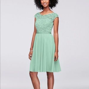 Mint David’s Bridal short lace bridesmaid dress